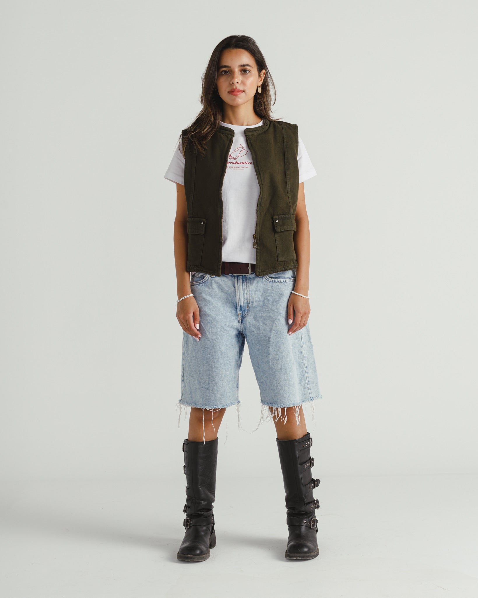 DENIM VEST IN OLIVE