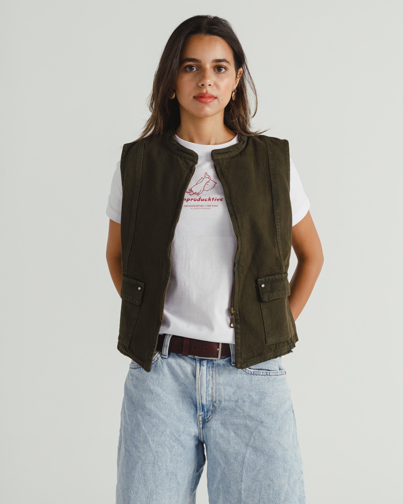 DENIM VEST IN OLIVE
