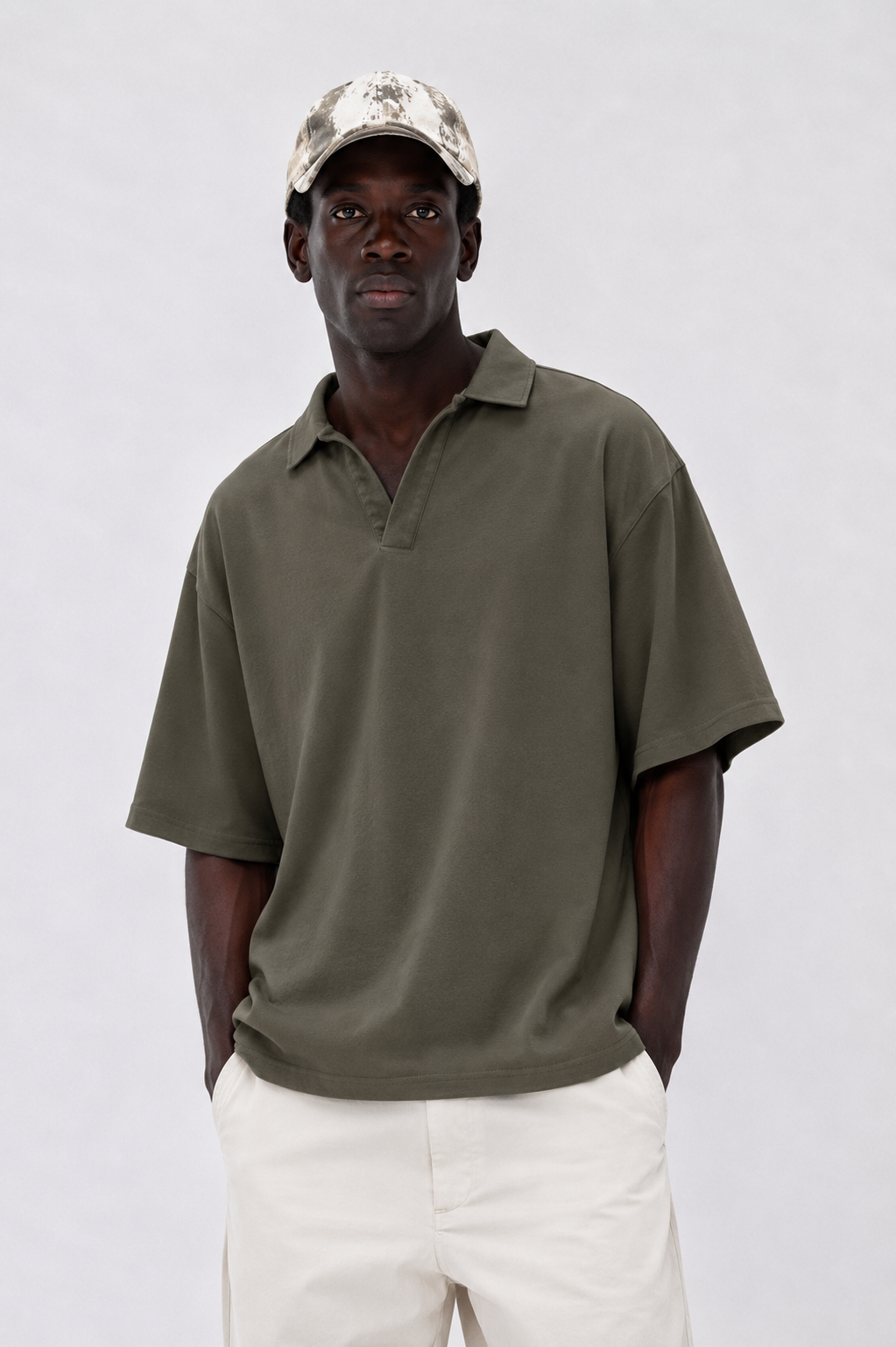 Boxy Collar Polo In Muted Olive