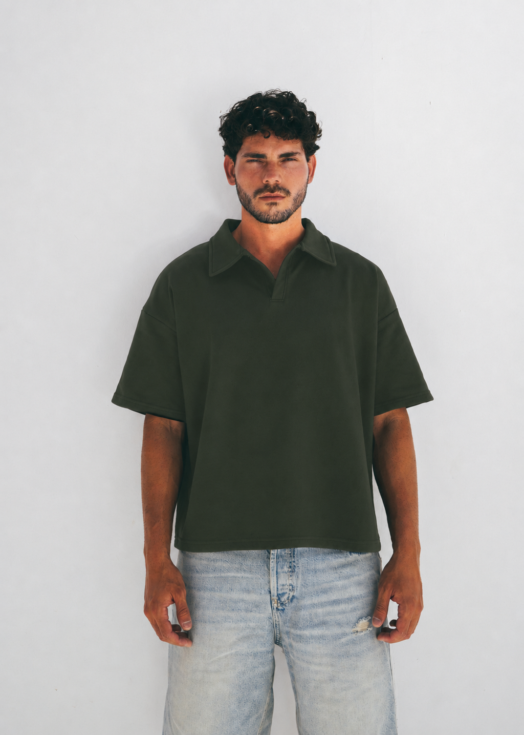 Boxy Collar Polo In Muted Olive