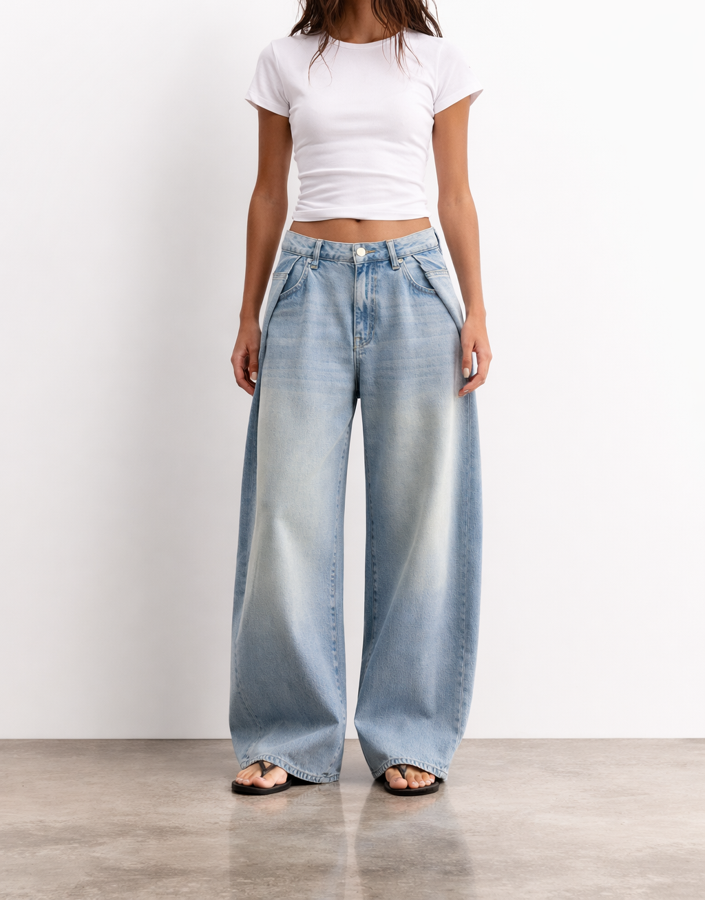 Side-Pleat Wide Leg Denim Washed Blue Indigo