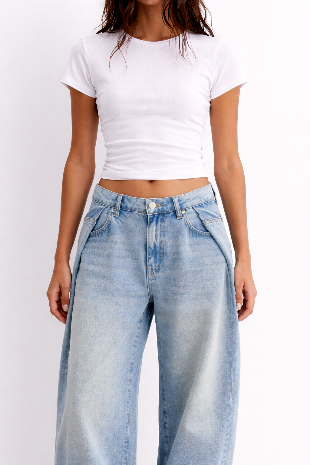 Side-Pleat Wide Leg Denim Washed Blue Indigo