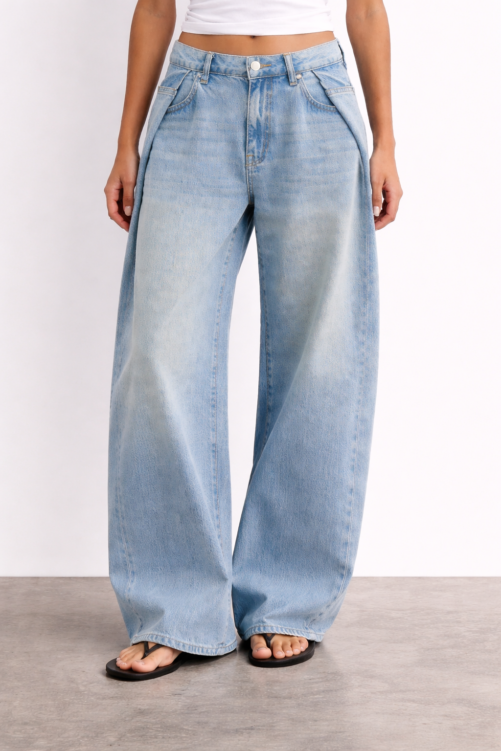 Side-Pleat Wide Leg Denim Washed Blue Indigo
