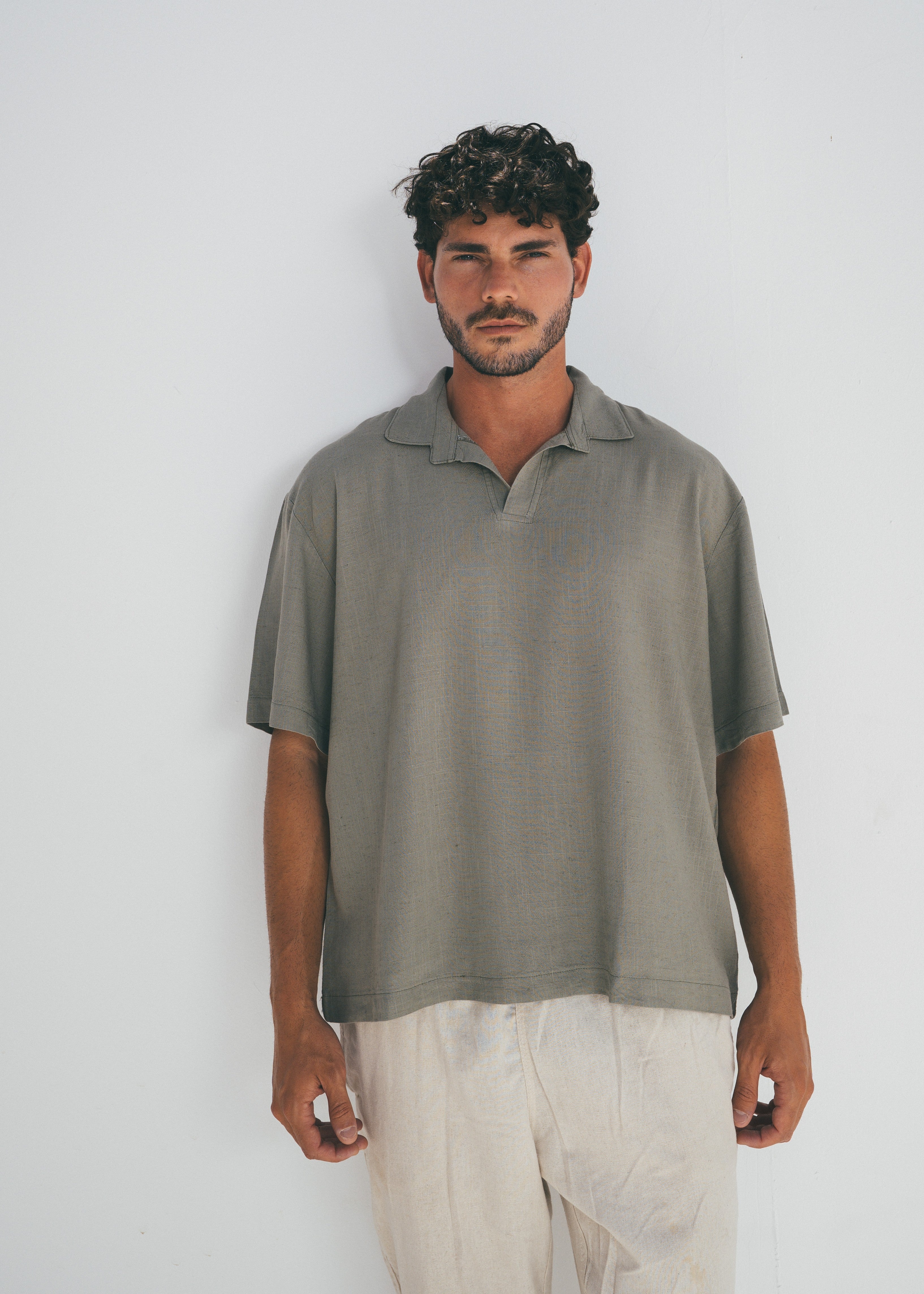 Boxy Linen Polo In Olive