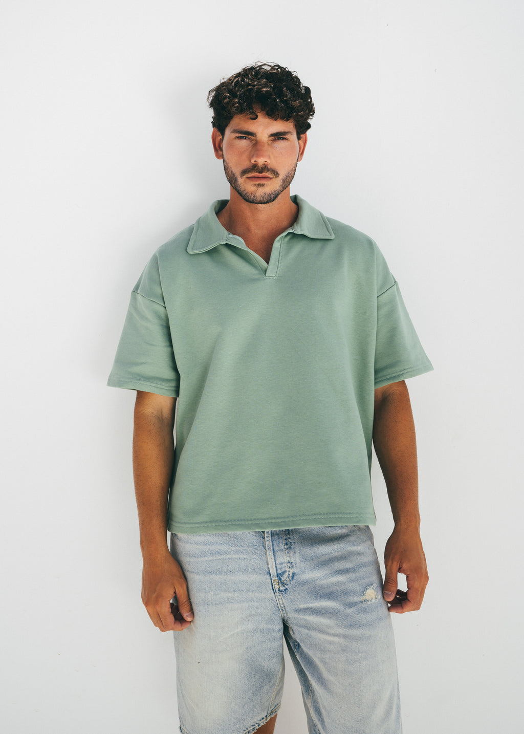 Boxy Collar Polo In Dusty Mint
