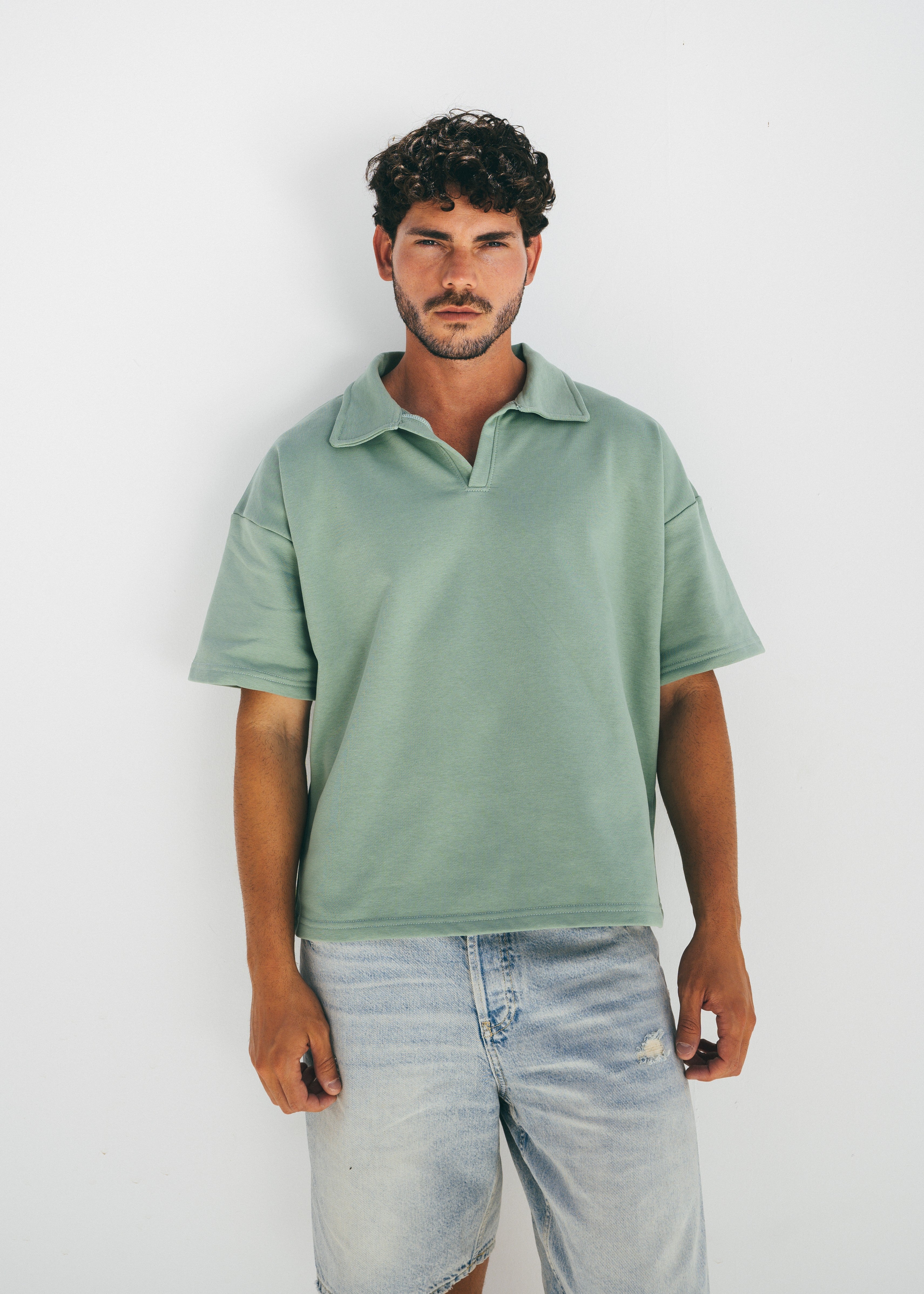 Boxy Collar Polo In Dusty Mint
