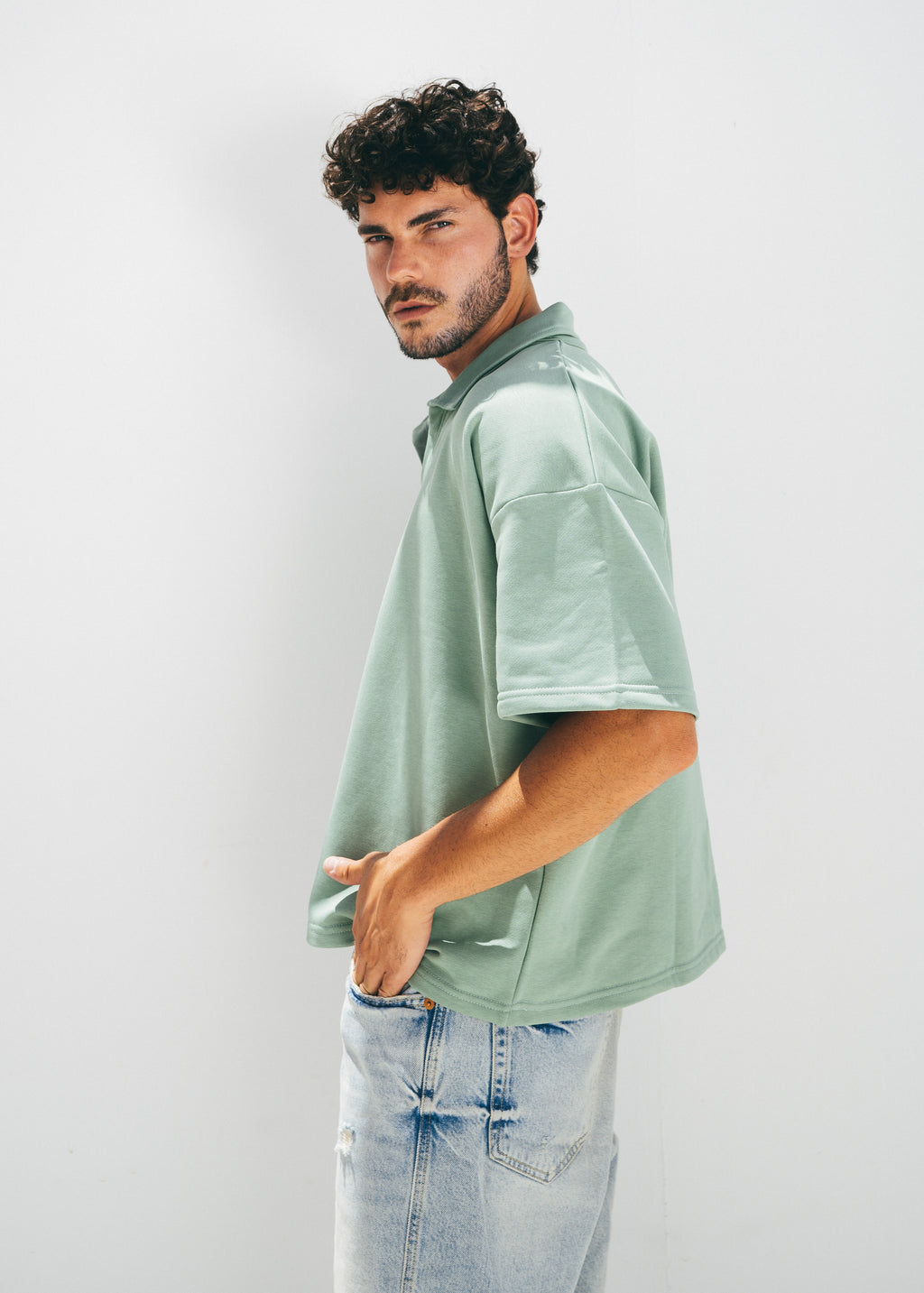 Boxy Collar Polo In Dusty Mint